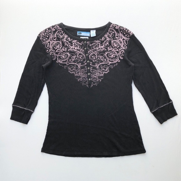 Y2K 2000s Ribbed Knit 100% Cotton Black Pink Cyber Punk Emo Goth 1/2 Button Up L - Picture 1 of 12